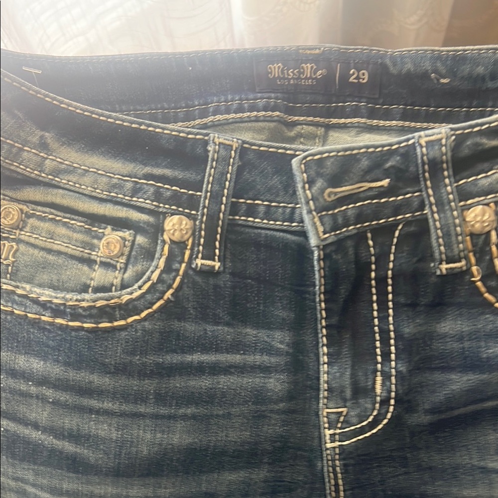 Miss Me Blue Jeans with Vintage Wash and Contrast Stitching